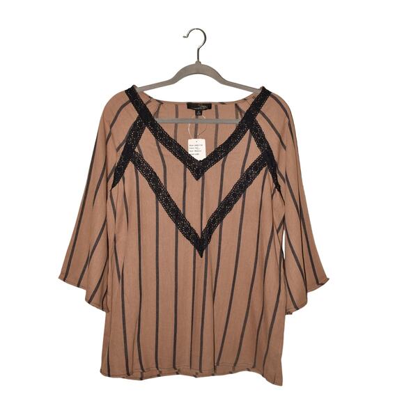 SUZANNE BETRO NEW $66 Brown Black Cotton Tunic Top Crochet Lace V-Neck Medium - Picture 1 of 3